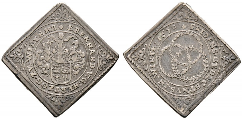 Württemberg. Eberhard III. 1633-1674 
Klippenförmige Silbermedaille 1650 unsign...