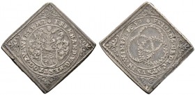 Württemberg. Eberhard III. 1633-1674 
Klippenförmige Silbermedaille 1650 unsigniert, auf den Westfälischen Frieden. Dreifach behelmtes Wappen / Drei ...