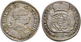 Württemberg. Karl Eugen 1744-1793 
15 Kreuzer 1759. KR 287d, Ebner 140. -Walzenprägung-
feine Patina, leichte Schrötlingsfehler auf dem Avers, vorzü...