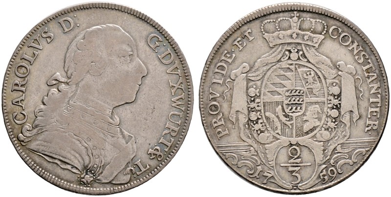 Württemberg. Karl Eugen 1744-1793 
2/3 Reichstaler 1759. Gepanzertes Brustbild ...