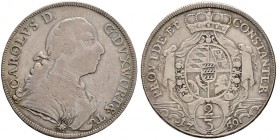 Württemberg. Karl Eugen 1744-1793 
2/3 Reichstaler 1759. Gepanzertes Brustbild nach rechts / Wappenschild auf gekröntem Fürstenmantel, darunter in ei...