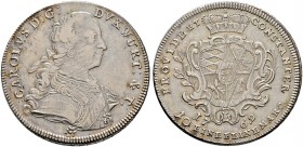 Württemberg. Karl Eugen 1744-1793 
Konventionstaler 1769. KR 370.1, Ebner 197, Dav. 2866A.
beidseitig justiert, prägebedinger Rändelungsfehler (teil...