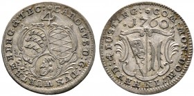 Württemberg. Karl Eugen 1744-1793 
4 Kreuzer 1760. Mit Titulatur von Justingen. KR 408, Ebner 148. -Walzenprägung-
sehr selten, feine Patina, winzig...