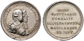 Württemberg. Karl Eugen 1744-1793 
Kleine Silbermedaille 1786 von J.G. Betulius (unsigniert), auf das 100-jährige Bestehen des Gymna­siums zu Stuttga...