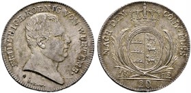 Württemberg. Friedrich II./I. 1797-1806-1816 
20 Kreuzer 1812. KR 40, AKS 46, J. 16.
feine Patina, minimal justiert, vorzüglich-Stempelglanz