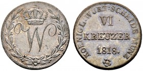 Württemberg. Wilhelm I. 1816-1864 
6 Kreuzer 1818. KR 56.1, AKS 94, J. 31.
feine Patina, fast vorzüglich