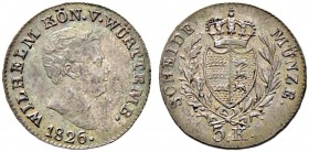 Württemberg. Wilhelm I. 1816-1864 
3 Kreuzer 1826. KR 82.1, AKS 104, J. 51.
Prachtexemplar mit feiner Patina, fast Stempelglanz