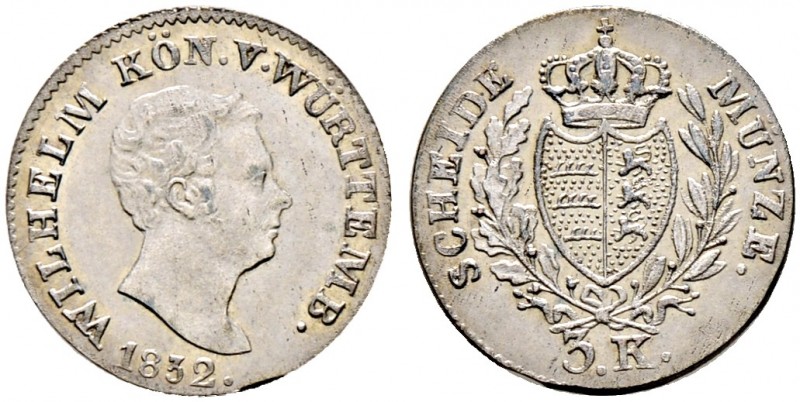 Württemberg. Wilhelm I. 1816-1864 
3 Kreuzer 1832. KR 82.8, AKS 104, J. 51.
Pr...