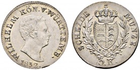 Württemberg. Wilhelm I. 1816-1864 
3 Kreuzer 1832. KR 82.8, AKS 104, J. 51.
Prachtexemplar mit leichter Tönung, Stempelglanz