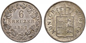Württemberg. Wilhelm I. 1816-1864 
6 Kreuzer 1852. KR 100.10, AKS 100, J. 68.
Prachtexemplar mit feiner Patina, fast Stempelglanz