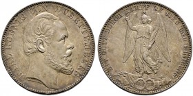 Württemberg. Karl 1864-1891 
Siegestaler 1871. KR 114, AKS 132, J. 86, Thun 443, Kahnt 594.
feine Patina, winzige Kratzer, vorzüglich-Stempelglanz
