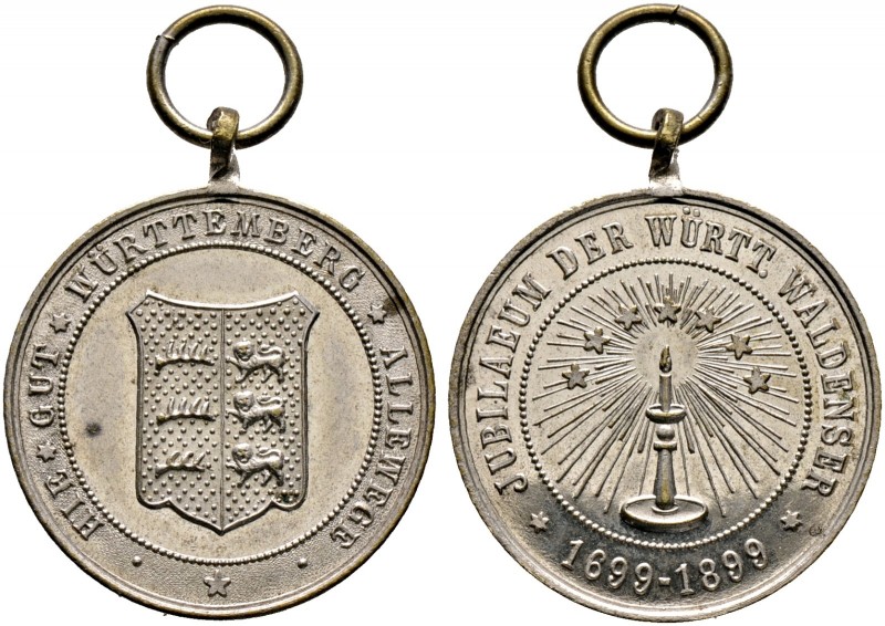Württemberg. Wilhelm II. 1891-1918 
Tragbare, versilberte Messingmedaille 1899 ...
