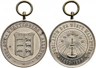 Württemberg. Wilhelm II. 1891-1918 
Tragbare, versilberte Messingmedaille 1899 unsigniert, auf die 200-Jahrfeier der Zuwanderung und Aufnahme der Wal...