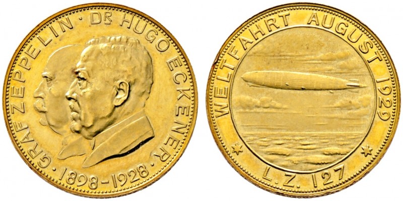 Luftfahrt. 
Goldmedaille 1929 von J. Bernhart, auf die 1. Weltfahrt des "LZ 127...