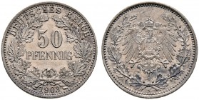 Kleinmünzen. 
50 Pfennig 1903 A. J. 15.
seltenes Kabinettstück mit leichter Patina, feinst zaponiert, Polierte Platte