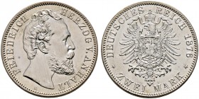 Silbermünzen des Kaiserreiches. ANHALT 
Friedrich I. 1871-1904. 2 Mark 1876 A. J. 19.
sehr selten in dieser Erhaltung, Prachtexemplar, fast Stempelg...