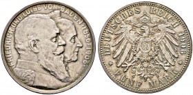 Silbermünzen des Kaiserreiches. BADEN 
Friedrich I. 1852-1907. 5 Mark 1906. Goldene Hochzeit. J. 35.
Prachtexemplar mit feiner Patina, Stempelglanz