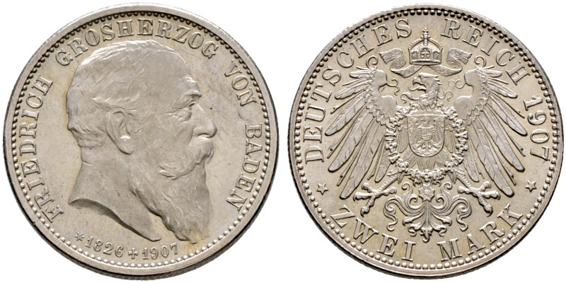 Silbermünzen des Kaiserreiches. BADEN 
Friedrich I. 1852-1907. 2 Mark 1907. Auf...