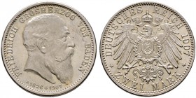 Silbermünzen des Kaiserreiches. BADEN 
Friedrich I. 1852-1907. 2 Mark 1907. Auf seinen Tod. J. 36.
Prachtexemplar, fast Stempelglanz aus leicht poli...