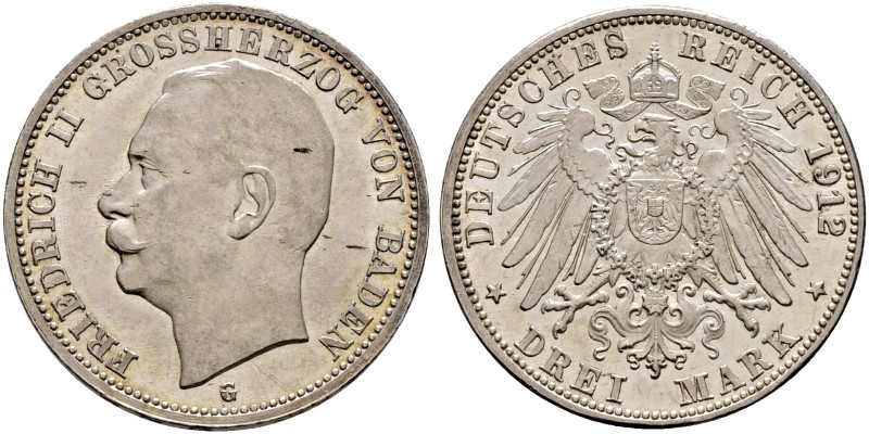 Silbermünzen des Kaiserreiches. BADEN 
Friedrich II. 1907-1918. 3 Mark 1912 G. ...