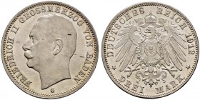 Silbermünzen des Kaiserreiches. BADEN 
Friedrich II. 1907-1918. 3 Mark 1912 G. J. 39.
fast Stempelglanz aus leicht polierten Stempeln