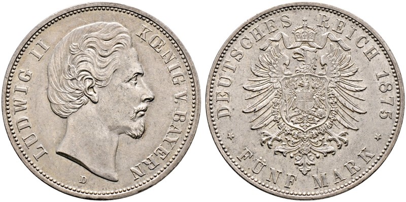 Silbermünzen des Kaiserreiches. BAYERN 
Ludwig II. 1864-1886. 5 Mark 1875 D. J....