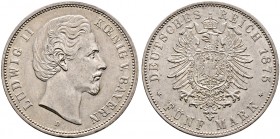 Silbermünzen des Kaiserreiches. BAYERN 
Ludwig II. 1864-1886. 5 Mark 1875 D. J. 42.
feine Patina, minimale Kratzer, vorzüglich