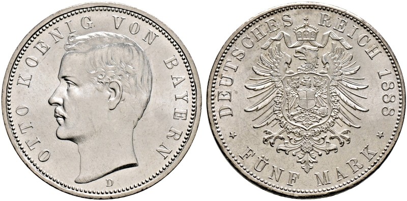 Silbermünzen des Kaiserreiches. BAYERN 
Otto 1888-1913. 5 Mark 1888 D. J. 44.
...