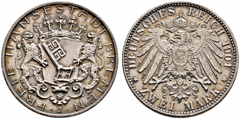 Silbermünzen des Kaiserreiches. BREMEN 
2 Mark 1904 J. J. 59.
feine Patina, vo...