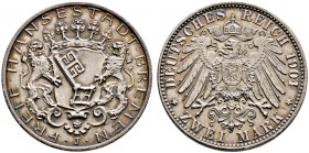 Silbermünzen des Kaiserreiches. BREMEN 
2 Mark 1904 J. J. 59.
feine Patina, vorzüglich-Stempelglanz