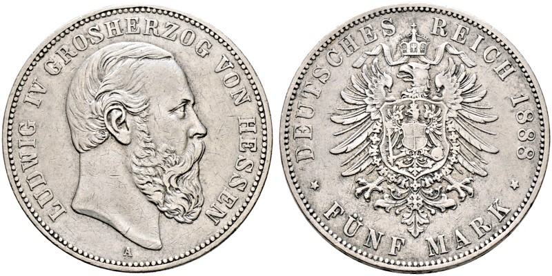 Silbermünzen des Kaiserreiches. HESSEN 
Ludwig IV. 1877-1892. 5 Mark 1888 A. J....