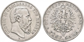 Silbermünzen des Kaiserreiches. HESSEN 
Ludwig IV. 1877-1892. 5 Mark 1888 A. J. 69.
selten, sehr schön