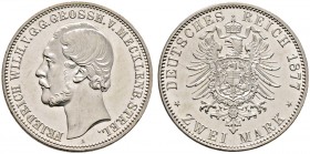 Silbermünzen des Kaiserreiches. MECKLENBURG-STRELITZ 
Friedrich Wilhelm 1860-1904. 2 Mark 1877 A. J. 90.
seltenes Prachtexemplar, feinst zaponiert, ...