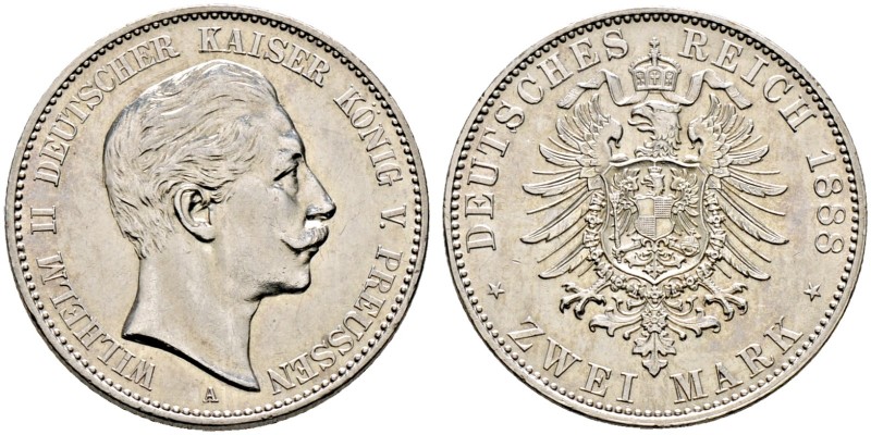 Silbermünzen des Kaiserreiches. PREUSSEN 
Wilhelm II. 1888-1918. 2 Mark 1888 A....
