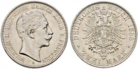 Silbermünzen des Kaiserreiches. PREUSSEN 
Wilhelm II. 1888-1918. 2 Mark 1888 A. J. 100.
vorzüglich/vorzüglich-prägefrisch
