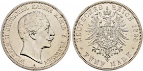 Silbermünzen des Kaiserreiches. PREUSSEN 
Wilhelm II. 1888-1918. 5 Mark 1888 A. J. 101.
sehr selten in dieser Erhaltung, Prachtexemplar, fast Stempe...