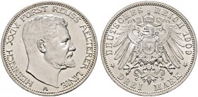 Silbermünzen des Kaiserreiches. REUSS-ÄLTERE LINIE 
Heinrich XXIV. 1902-1918. 3 Mark 1909 A. J. 119.
Prachtexemplar, fast Stempelglanz