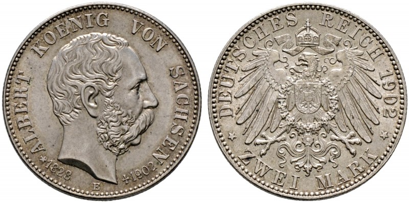Silbermünzen des Kaiserreiches. SACHSEN 
Albert 1873-1902. 2 Mark 1902 E. Auf s...