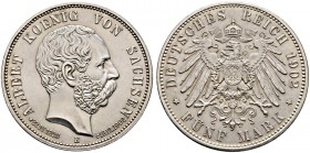 Silbermünzen des Kaiserreiches. SACHSEN 
Albert 1873-1902. 5 Mark 1902 E. Auf seinen Tod. J. 128.
fast Stempelglanz