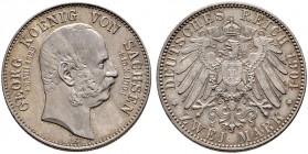 Silbermünzen des Kaiserreiches. SACHSEN 
Georg 1902-1904. 2 Mark 1904 E. Auf seinen Tod. J. 132.
feine Patina, fast Stempelglanz