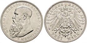 Silbermünzen des Kaiserreiches. SACHSEN-MEININGEN 
Georg II. 1866-1915. 3 Mark 1908 D. J. 152.
vorzüglich-Stempelglanz
