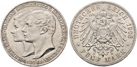 Silbermünzen des Kaiserreiches. SACHSEN-WEIMAR-EISENACH 
Wilhelm Ernst 1901-1918. 5 Mark 1903 A. Erste Hochzeit. J. 159.
kleine Kratzer, vorzüglich-...