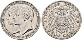 Silbermünzen des Kaiserreiches. SACHSEN-WEIMAR-EISENACH 
Wilhelm Ernst 1901-1918. 5 Mark 1903 A. Erste Hochzeit. J. 159.
winzige Randfehler, sehr sc...