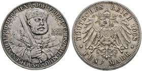 Silbermünzen des Kaiserreiches. SACHSEN-WEIMAR-EISENACH 
Wilhelm Ernst 1901-1918. 5 Mark 1908. Uni Jena. J. 161.
feine Patina, kleine Randfehler, vo...