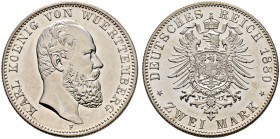 Silbermünzen des Kaiserreiches. WÜRTTEMBERG 
Karl 1864-1891. 2 Mark 1880 F. J. 172.
seltenes Kabinettstück, feinst zaponiert, Polierte Platte