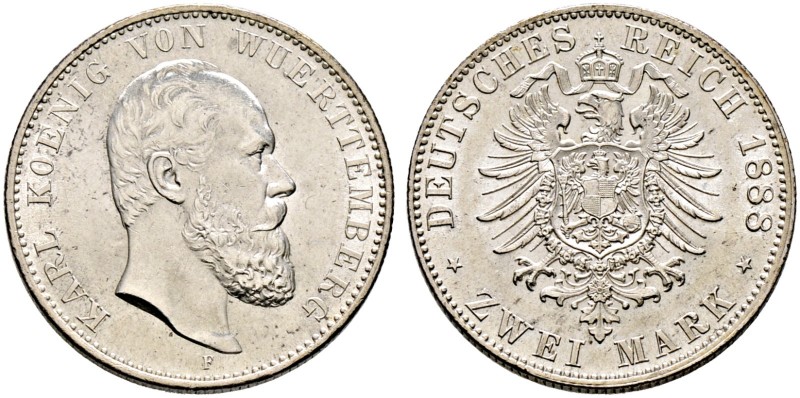 Silbermünzen des Kaiserreiches. WÜRTTEMBERG 
Karl 1864-1891. 2 Mark 1888 F. J. ...
