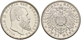 Silbermünzen des Kaiserreiches. WÜRTTEMBERG 
Wilhelm II. 1891-1918. 2 Mark 1904 F. J. 174.
Polierte Platte