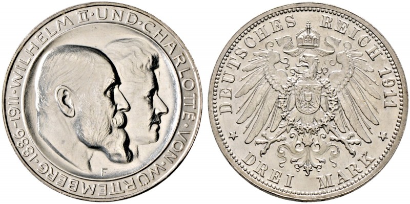 Silbermünzen des Kaiserreiches. WÜRTTEMBERG 
Wilhelm II. 1891-1918. 3 Mark 1911...