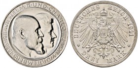 Silbermünzen des Kaiserreiches. WÜRTTEMBERG 
Wilhelm II. 1891-1918. 3 Mark 1911 F. Silberhochzeit. J. 177a.
Prachtexemplar, Stempelglanz (matt)/Poli...