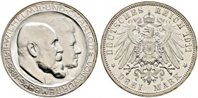 Silbermünzen des Kaiserreiches. WÜRTTEMBERG 
Wilhelm II. 1891-1918. 3 Mark 1911 F. Silberhochzeit. Hohes H. J. 177b.
Prachtexemplar, Stempelglanz (m...